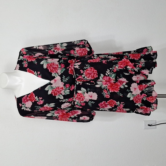 Floral NEW Black Red, Pink Wrap Ruffle Hem Flowy Boho Skater Dress Plus Size 3X - Picture 2 of 16